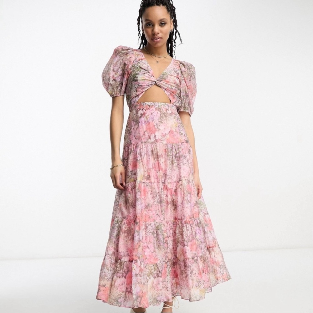 & Other Stories cut-out tiered midi/maxi dress in pink floral Size 10